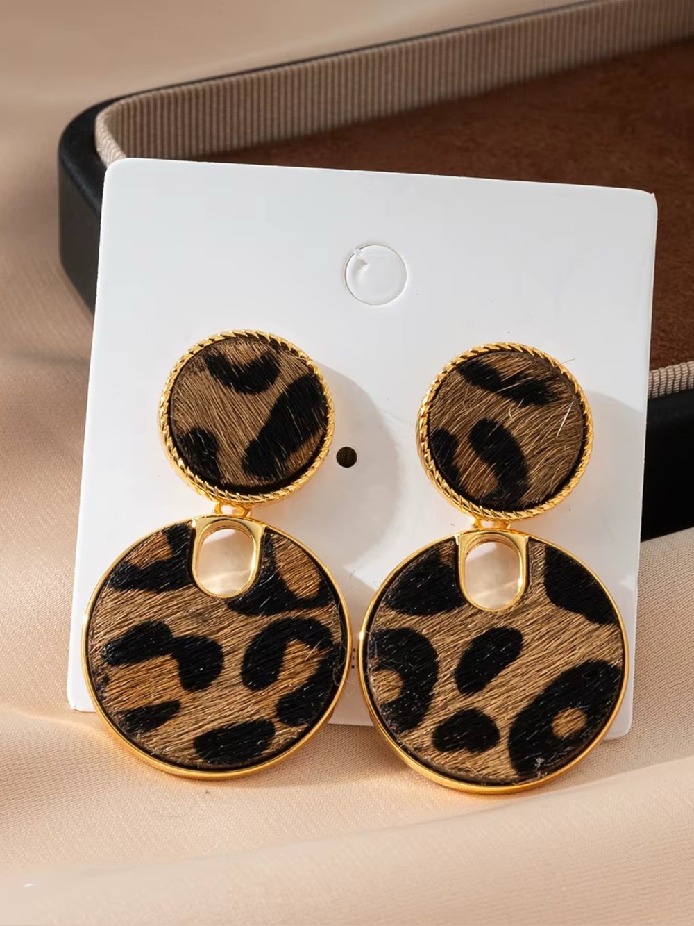 Leopard Print Gold Drop Earrings - Brown